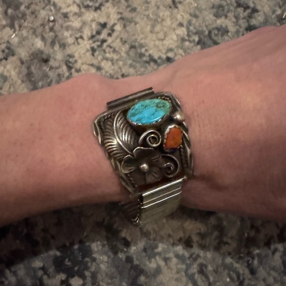 Large Sterling Signed Navajo Native Turquoise and Coral Silver Watch Band - Picture 8 of 9